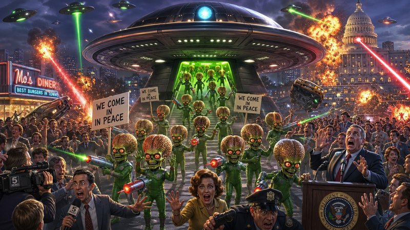 Aliens in green suits marching from a UFO as a crowd and a podium with a fictional president react in a chaotic cityscape.