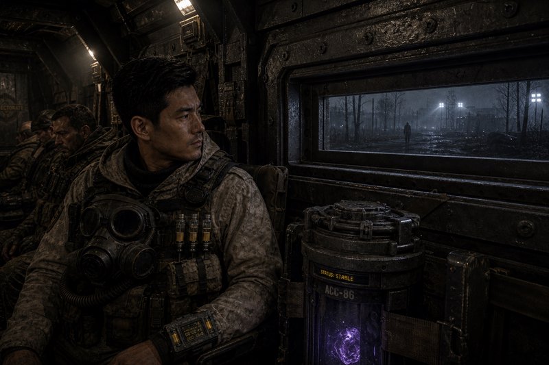 A rugged soldier in a dusty armored cabin sits by a window, gazing toward a distant figure outside.