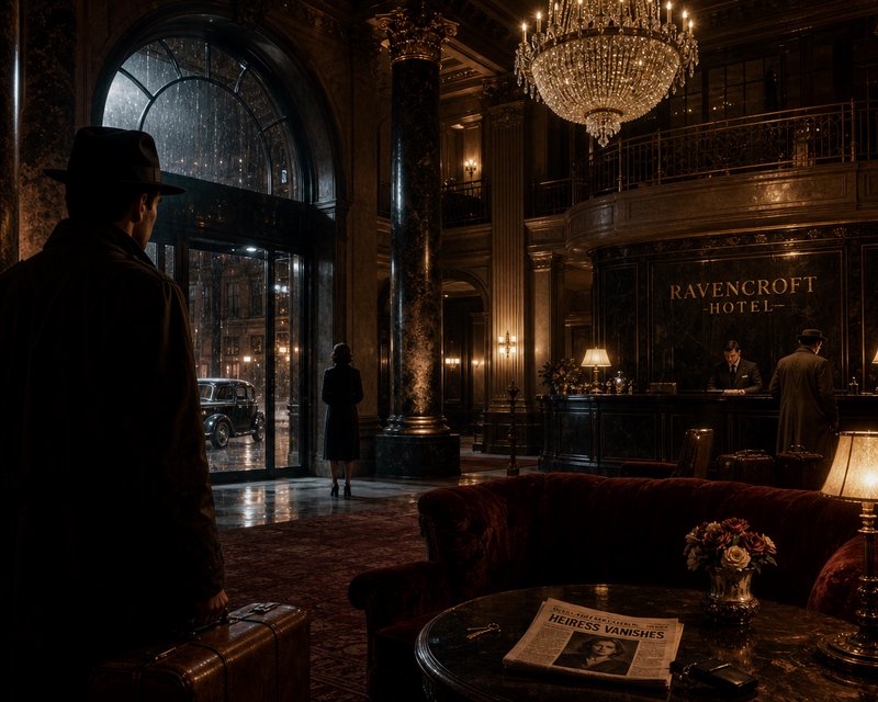 Luxurious hotel lobby with chandelier, marble columns, and a man with a suitcase entering the Ravencroft Hotel.