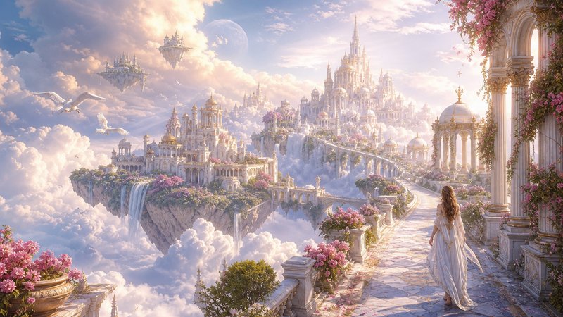 Woman in a flowing white dress walks along a marble balcony toward a dreamy floating city in the clouds.