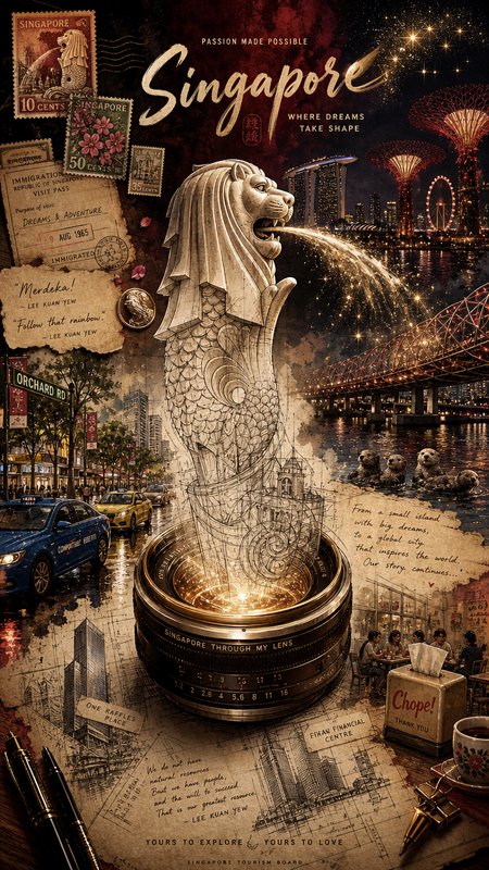 Singapore-themed collage with the Merlion statue emerging from a lens as city lights glow in the background.
