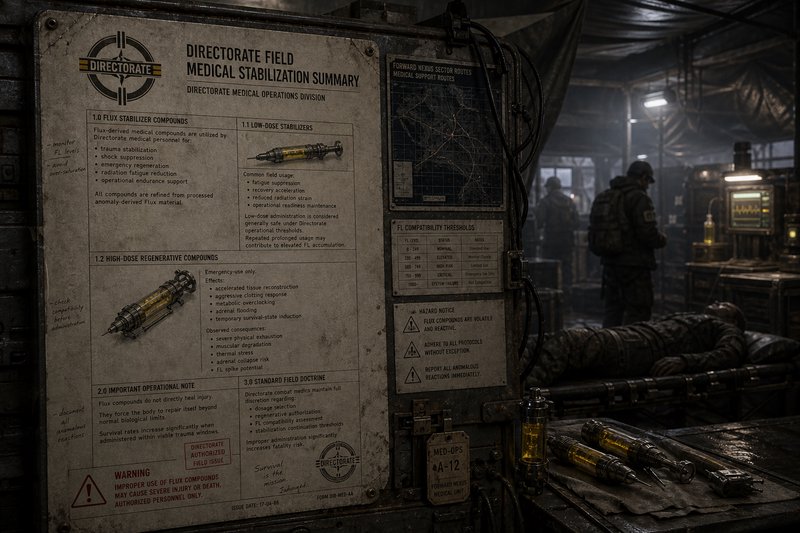 Dim sci-fi medical stabilization console with diagrams and warning labels in a dark industrial room.