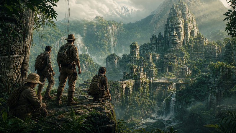 Adventurers explore ancient overgrown temple ruins with a colossal stone face in a lush jungle canyon.