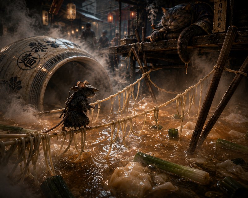 Mouse-like creature crossing a rope bridge over steaming, murky water in a dim lantern-lit Asian street scene.