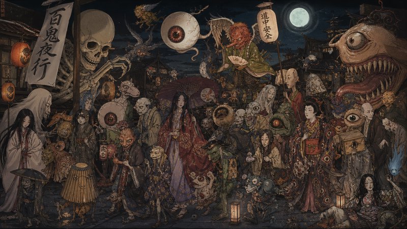 A crowded surreal festival scene with ghosts, skeletons, yokai, and performers in Japanese-inspired costumes under moonlight