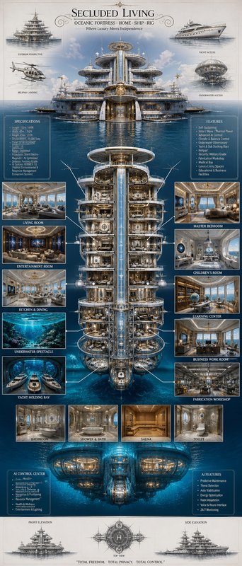 Cross-section diagram of a luxury ocean fortress yacht with multiple interior levels and labeled rooms.