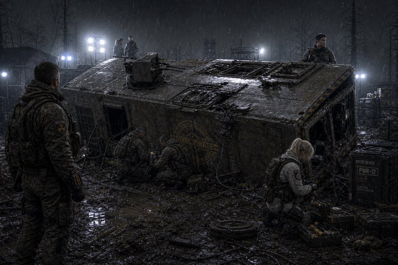 Dark rainy night scene with a muddy armored transport vehicle and soldiers inspecting gear.