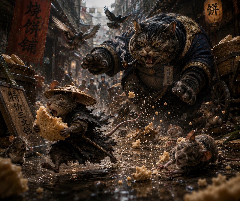 Giant striped cat chases a small mouse through a crowded street market, crumbs flying everywhere.