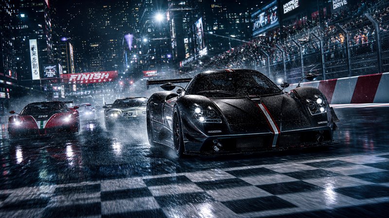 Black hypercar leads a wet night city race on a glossy rain-soaked track with neon lights.