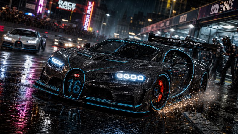 Bugatti race car on a wet night track with neon reflections and glowing headlights