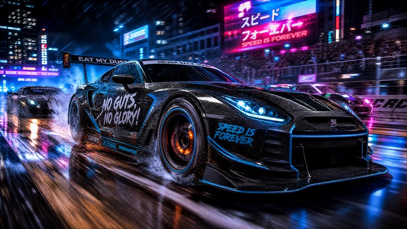 Nighttime neon-drenched drift car on a wet track with blue accents and "Speed is Forever" lettering