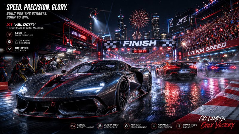 High-octane race at the finish line with sleek sports cars, neon reflections, and celebratory fireworks.