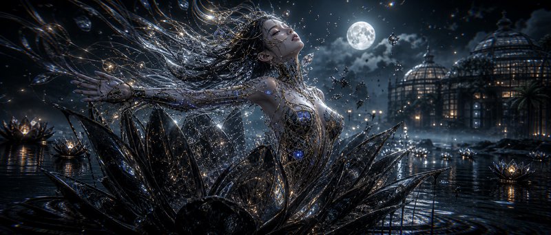 Fantasy woman in a sparkling petal dress dances on moonlit water beneath a night sky.
