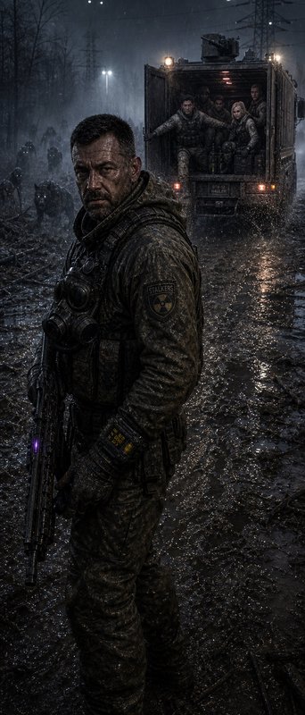 Rugged soldier in muddy, rain-soaked night with a truck carrying survivors in the background.