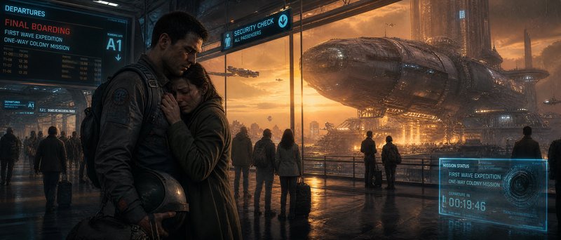 Couple embraces at a sci-fi spaceport terminal with a massive spaceship outside.