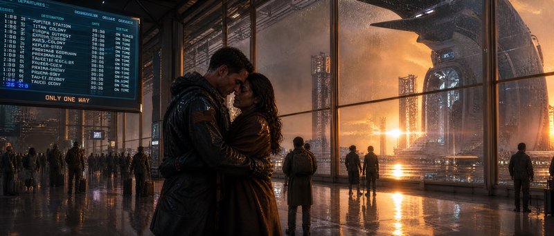 Futuristic airport terminal with a couple kissing as a craft hovers outside glass walls