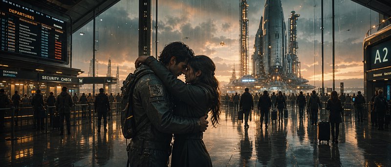 Couple embracing in a futuristic airport terminal with towering spaceport structures outside.