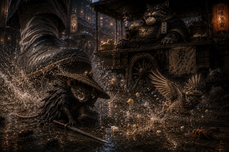 Dark fantasy street scene with a giant boot stomping water amid armored animal creatures and a lit market cart.