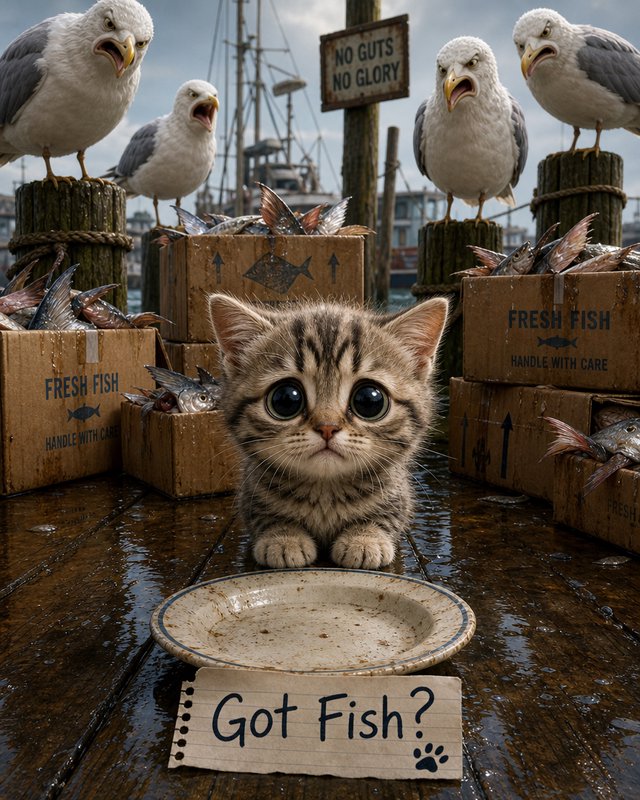 Cute kitten on a fishing dock with fish boxes and seagulls, beside a "Got Fish?" sign and plate.