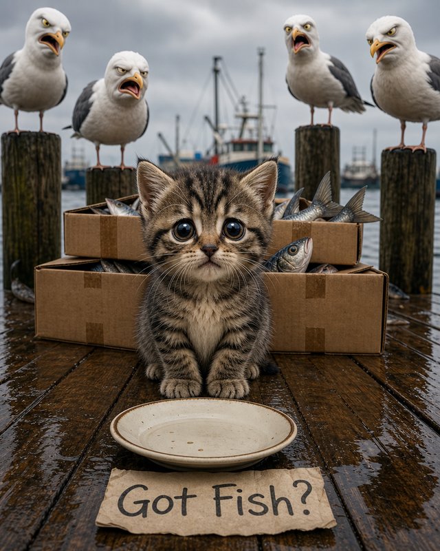 Adorable striped kitten on a dock with fish-filled boxes and seagulls perched behind.