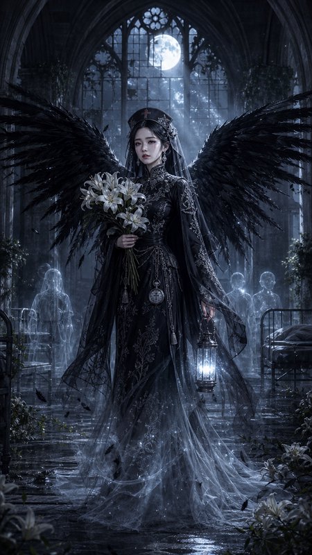 Gothic angel woman with black wings in a moonlit ruined church holding lilies.