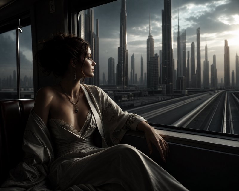 Woman in an elegant white dress gazing out a train window at a futuristic city skyline.