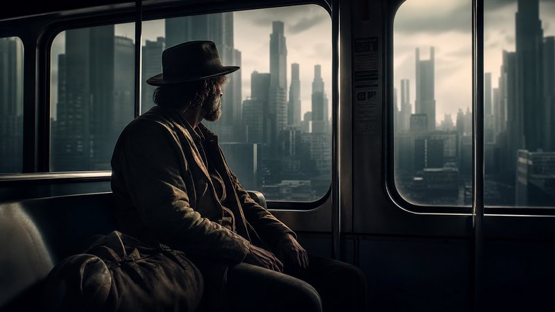 Man with a hat sitting by a bus window, gazing at a distant city skyline.