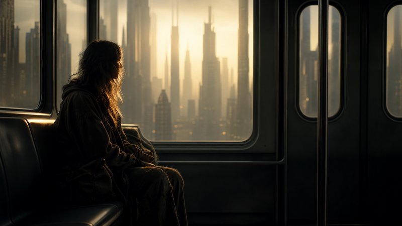 Person sitting alone on a subway car with a glowing city skyline at sunset through the windows.