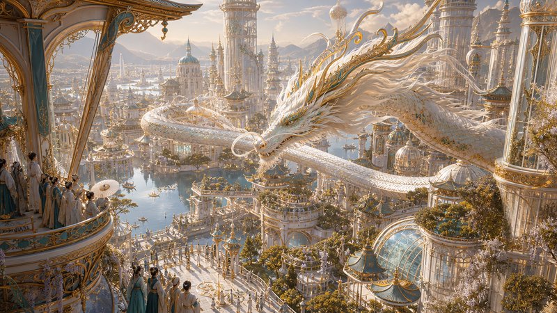 A majestic white dragon soars above an opulent, golden fantasy city with ornate domes, canals, and soaring terraces.