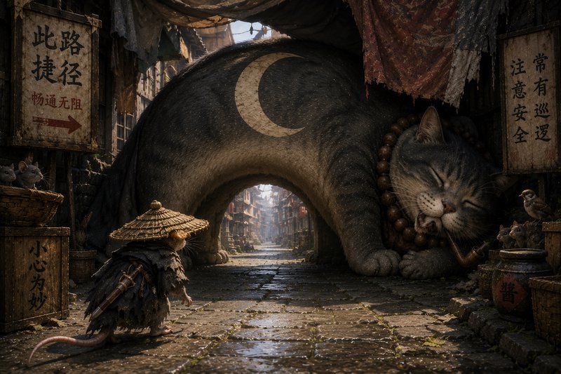 Giant sleeping cat blocks a narrow alley as a small traveler in a conical hat watches in awe.