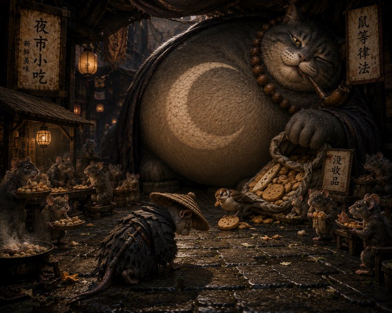 Gigantic moon-marked cat smoking a pipe in a night market filled with mice and snacks.