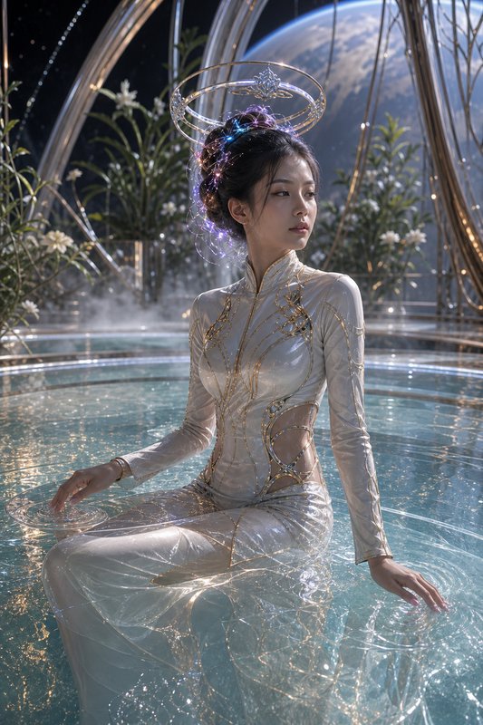 Ethereal woman in white couture with gold embroidery seated in water beneath halo rings and a celestial backdrop.