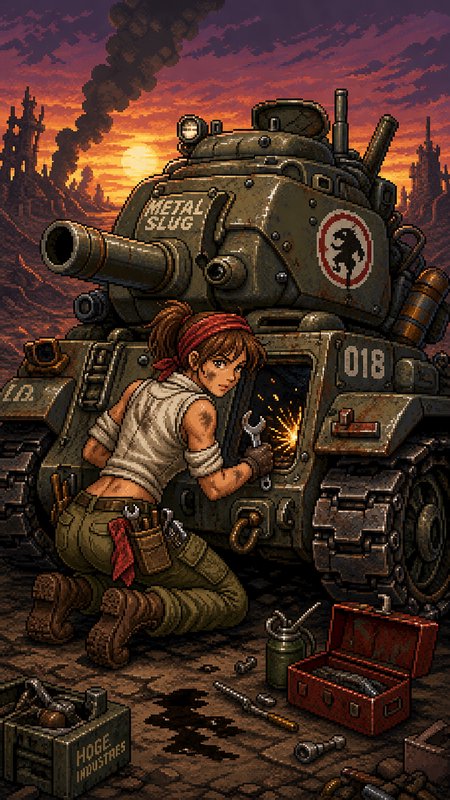 Pixel art of a female mechanic repairing a rugged tank in a fiery post-apocalyptic desert.