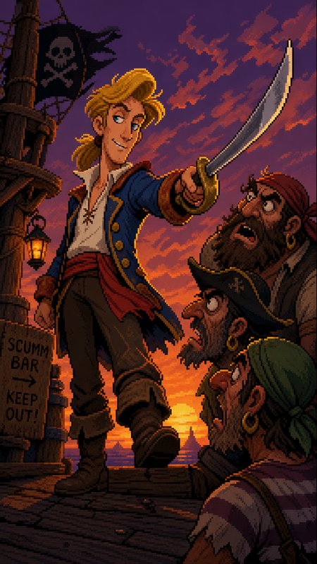 Pirate captain with a gleaming curved sword confronts pirates at sunset on a dock.