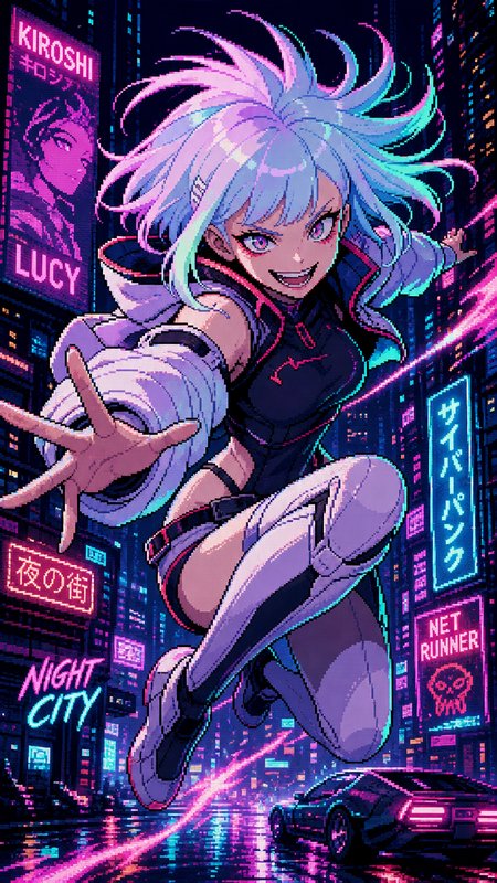 Dynamic neon-lit city backdrop with a female cyberpunk heroine leaping toward the viewer in vibrant hair and futuristic