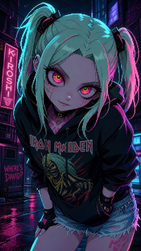 Anime-style girl with mint hair and pink highlights in a neon cyberpunk alley wearing an Iron Maiden hoodie.