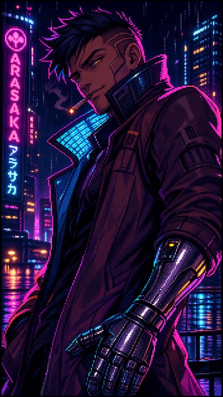 Neo-noir cyberpunk man with a neon-lit trench coat and cybernetic arm in a rain-soaked city.