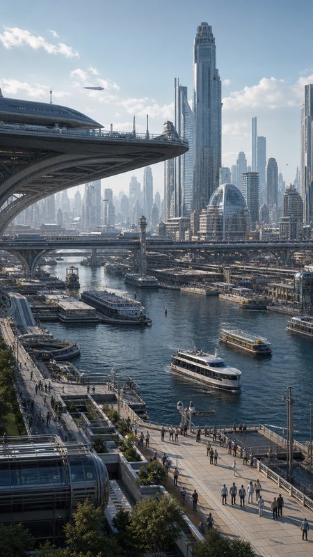 Futuristic city skyline with a river, bridges, boats, and a pedestrian promenade.