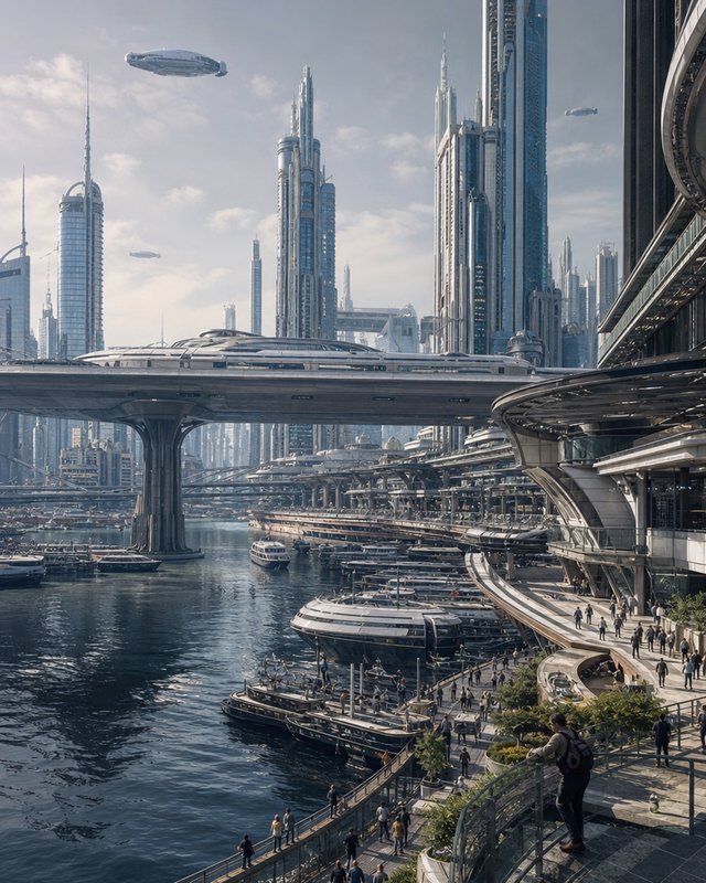 Futuristic waterfront city with elevated highways, sleek skyscrapers, and boats along the river.