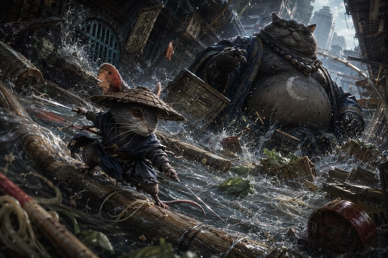 Two rat-like warriors navigate a flooded, debris-filled city canal; a large beaded humanoid rat looms behind.