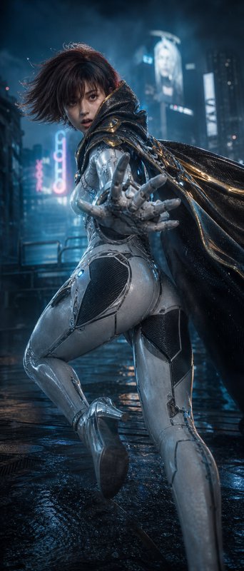 Futuristic female cyborg in metallic armor with cape, reaching forward in a rainy neon city.