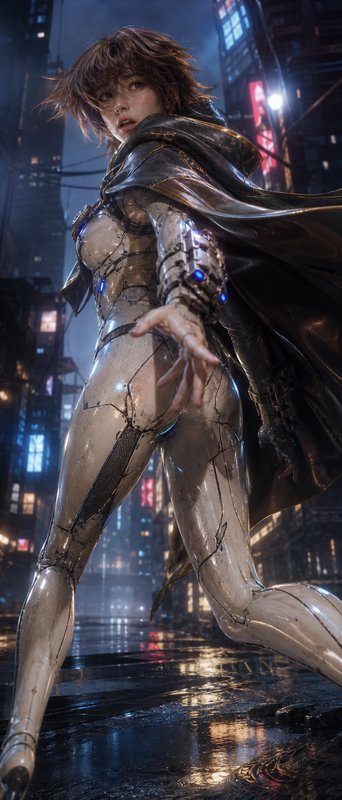 A futuristic armored woman in cracked metallic suit in neon-lit city rain.