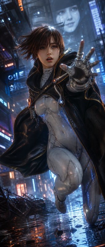 Female cyberpunk figure leaping toward the viewer in a neon-lit, rain-soaked futuristic city.