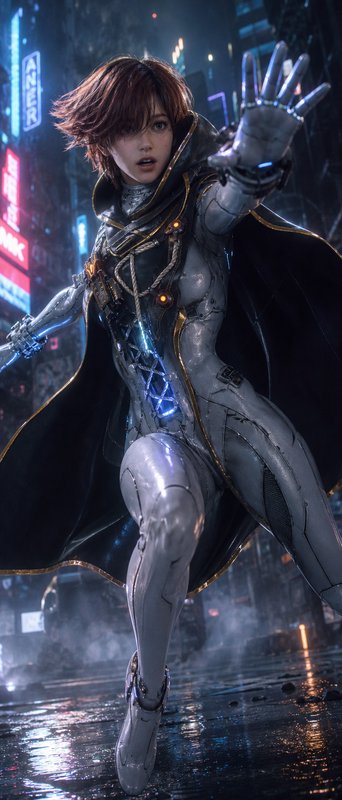 Cyberpunk female warrior in a metallic suit leaping in a neon-lit cityscape at night.
