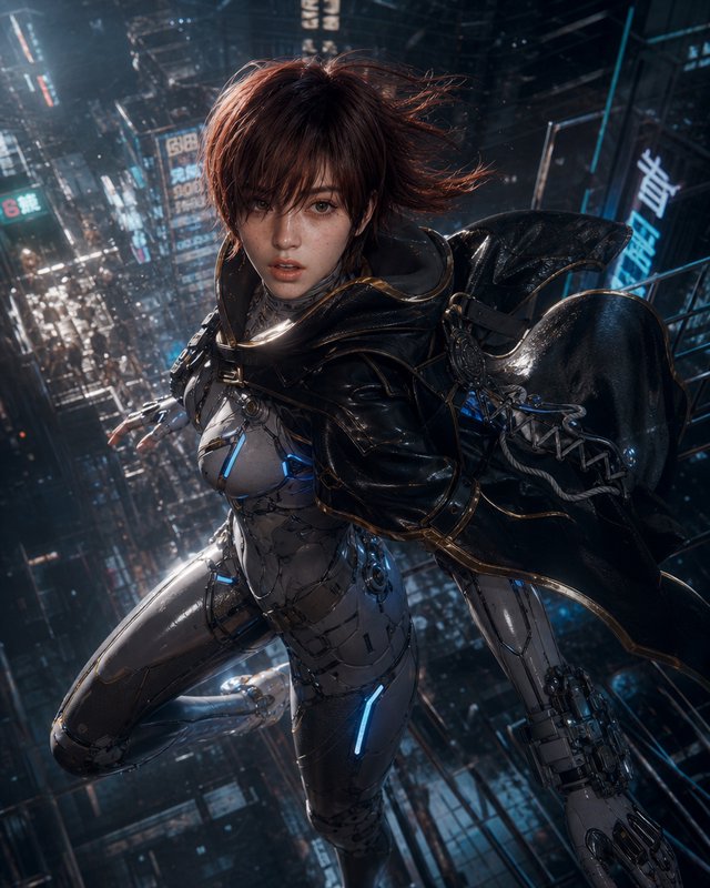 Female cyborg in sleek armored suit with cape, leaping through a neon-lit futuristic city.