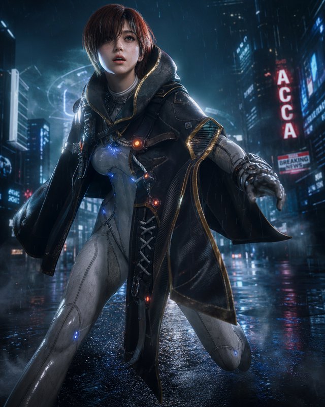 Female cyberpunk warrior in a neon-lit, rain-soaked city, wearing a high-tech cloak and armor.