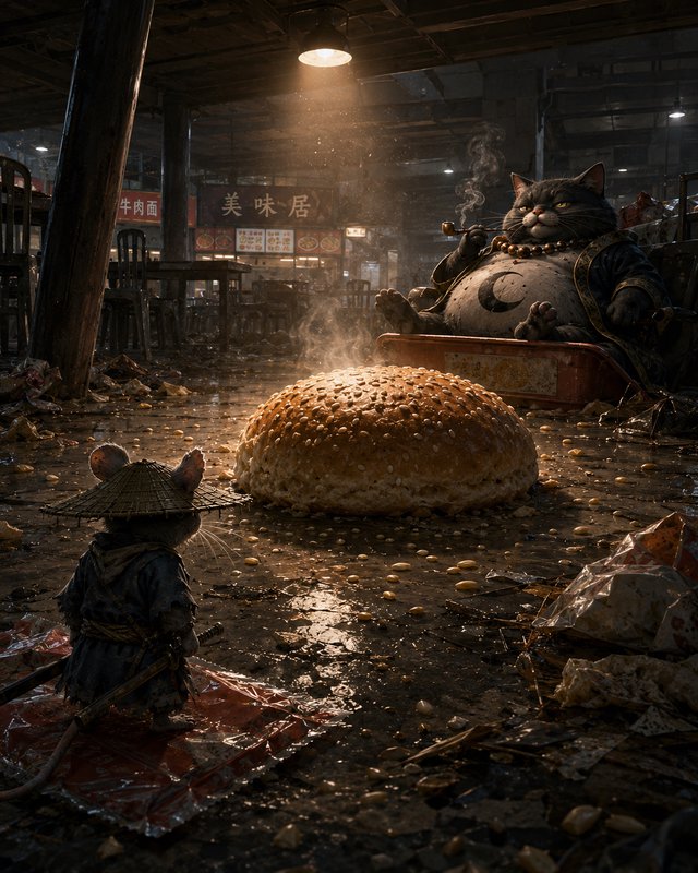 Giant cat in a dim market sits with a pipe, facing a colossal sesame bun while a tiny rat-like figure watches.