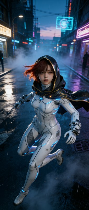 Female cyborg in a silver futuristic suit with a hooded cape running through a neon-lit, rain-soaked street.