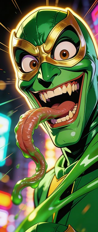 Green masked superhero with wide eyes and a long tongue, neon city background.