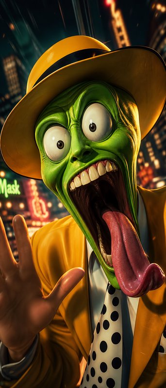 Green cartoon alien in a yellow hat and suit sticking out its tongue in a neon urban night scene.